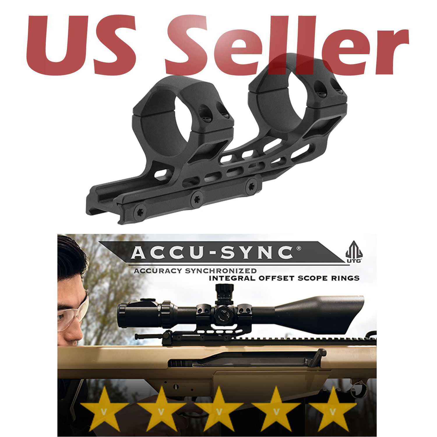 UTG Leapers Tactical 34mm High Profile 50mm Offset Picatinny Scope Rings - Black