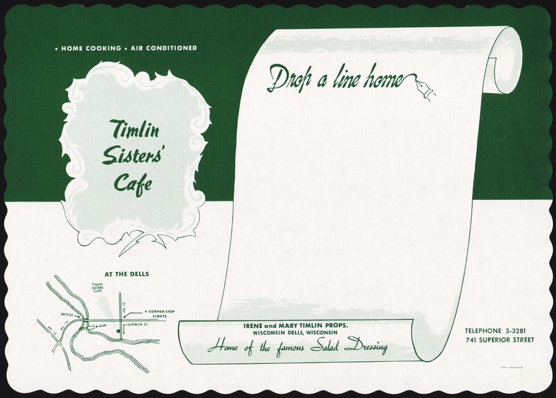 Vintage placemat TIMLIN SISTERS CAFÉ letter and map Wisconsin Dells n-mint+ cond