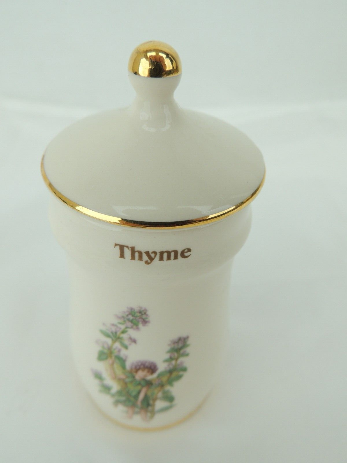 Thyme Flower Fairies Gresham China Herb & Spice Jar & Lid, 11.5cm, Gold Trim - Picture 3 of 5