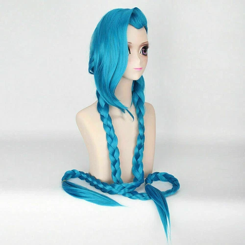 LOL Jinx Parrucca Cosplay Forcina Prop Trecce Blu Il Cannone Sciolto Capelli Sintetici - Foto 6 di 15