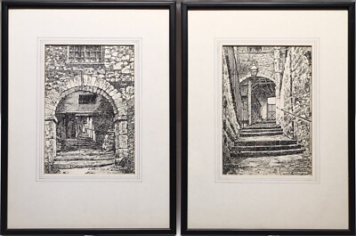 F. HODGSON PAAR ORIGINAL PEN & TUSCH ZEICHNUNGEN, TORBOGEN/TOR SZENEN, SIGNIERT, GERAHMT