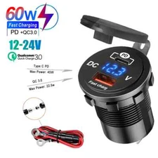 60W PD QC3.0 Car Charger Socket with Voltage Meter Fast Charge Power Outlet
