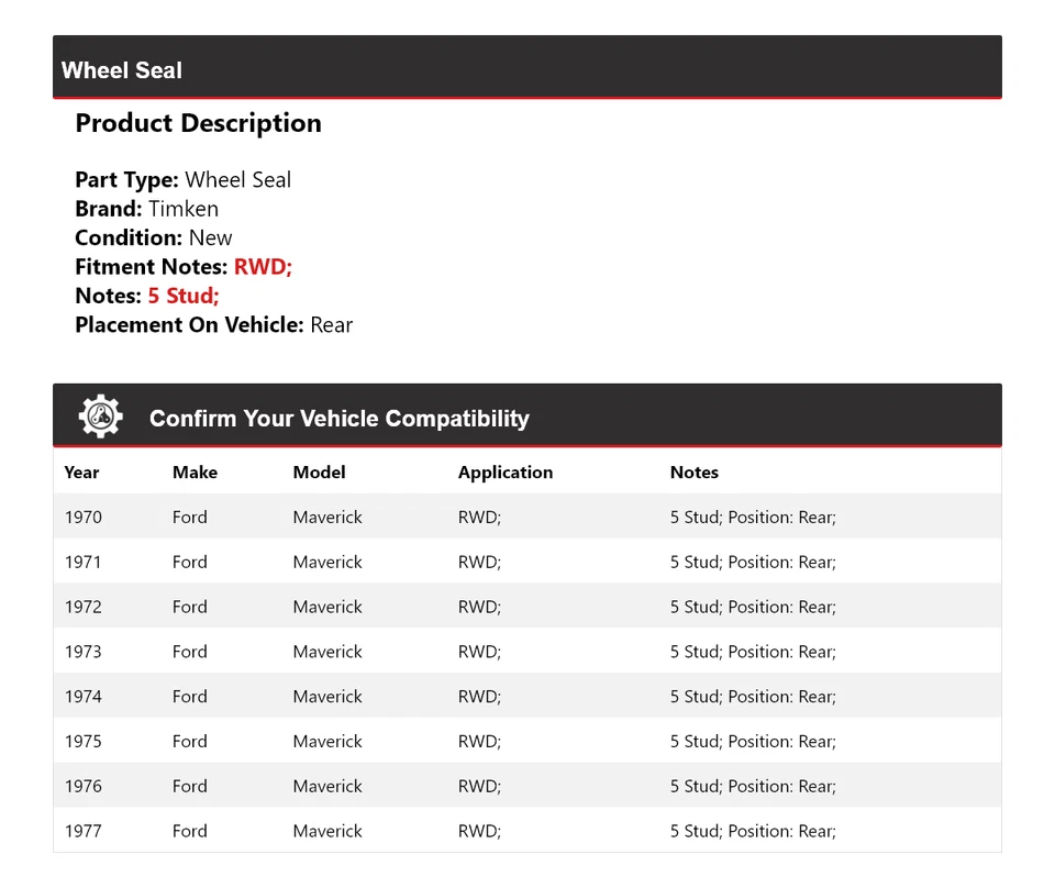 For 1970-1977 Ford Maverick RWD Wheel Seal Rear Timken 1971 1972 1973 1974 1975 - Image 2 of 4