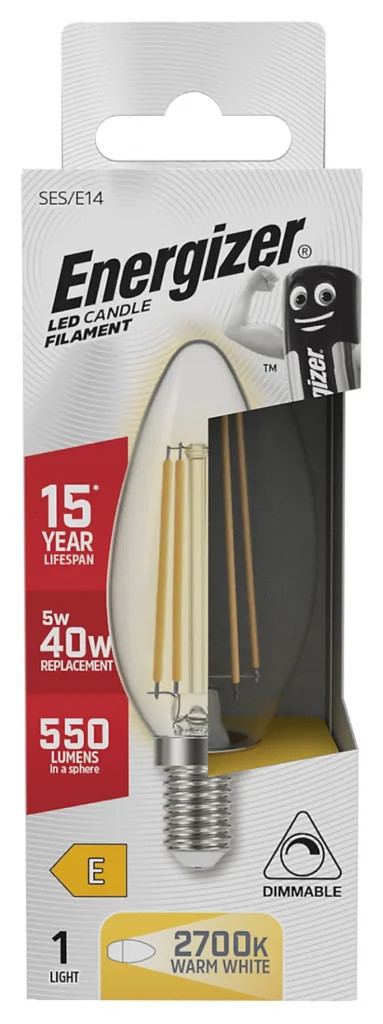 Clear 5w Filament LED Candle Dimmable 2700K E14 550lm =40w Energetic S12856