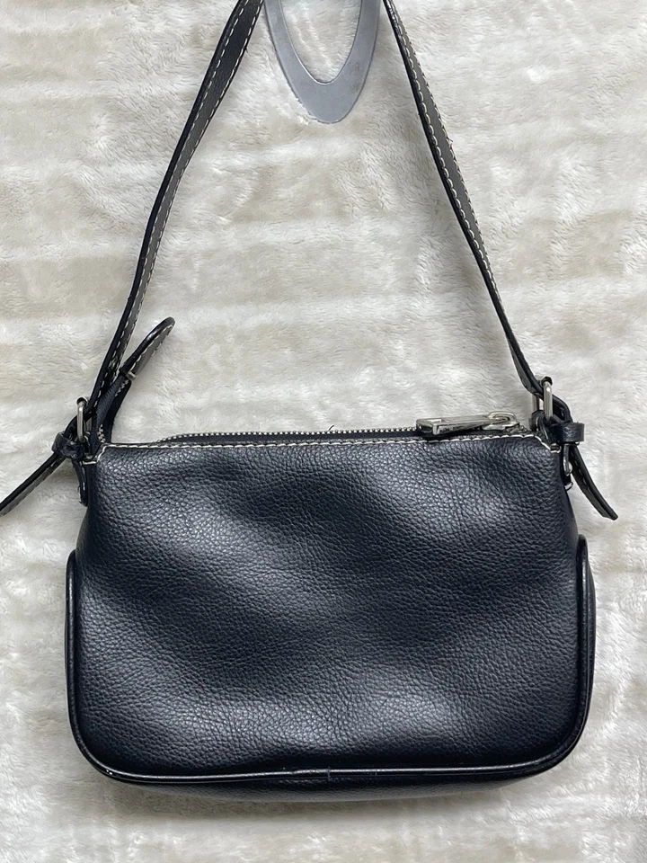 Vintage Womens Balck Pebbled Leather Shoulder Bag Handbag Satchel Purse Glazed - Image 4 of 4