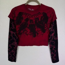 Affliction Shirt Womens Medium 2fer Crows Crop Long Sleeve Tee Grunge Punk Y2K M