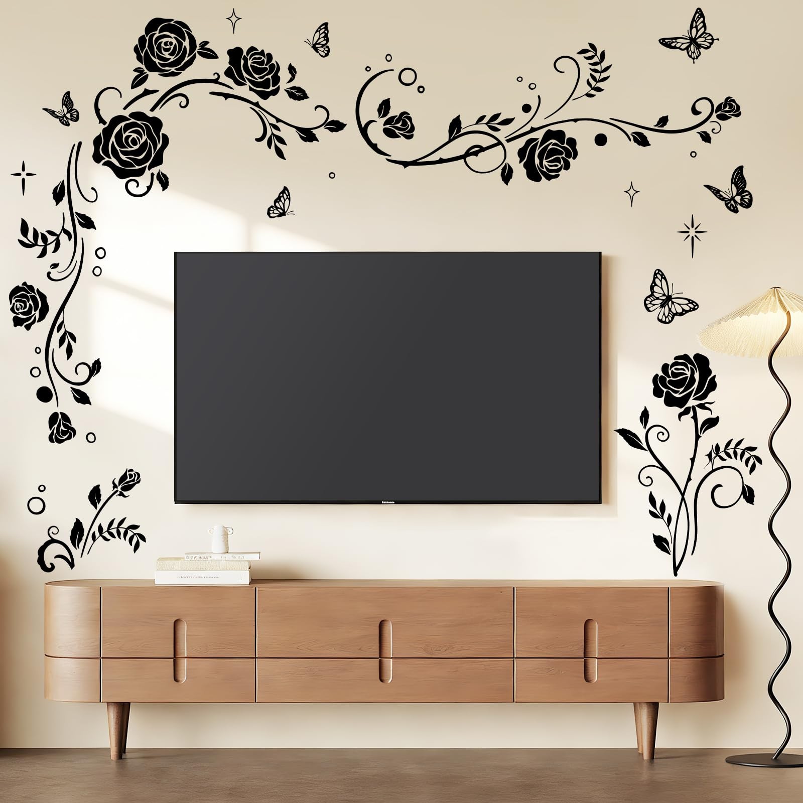 Stickers muraux fleurs noires en vinyle mat pour décoration de salon 60x90cm