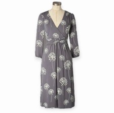 BODEN Edie Sz 8 Wrap Dress Dandelion Gray 3/4 Sleeve Stretch Flowy Lagenlook