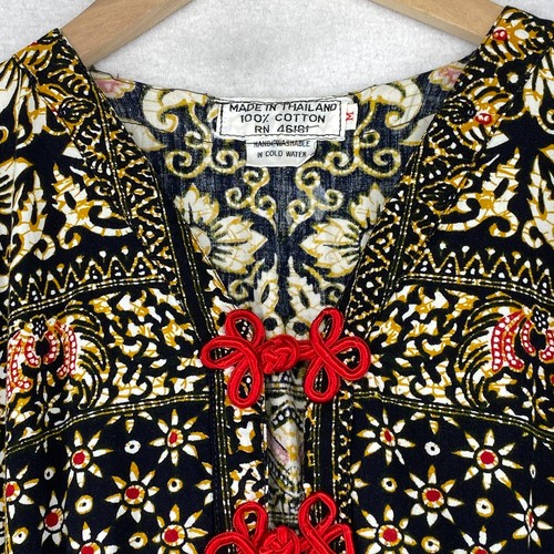 THAI CAFTAN M Maxi Floral Batik Frogs Boho Kimono Beach Caftan Hippie Black - Picture 6 of 14