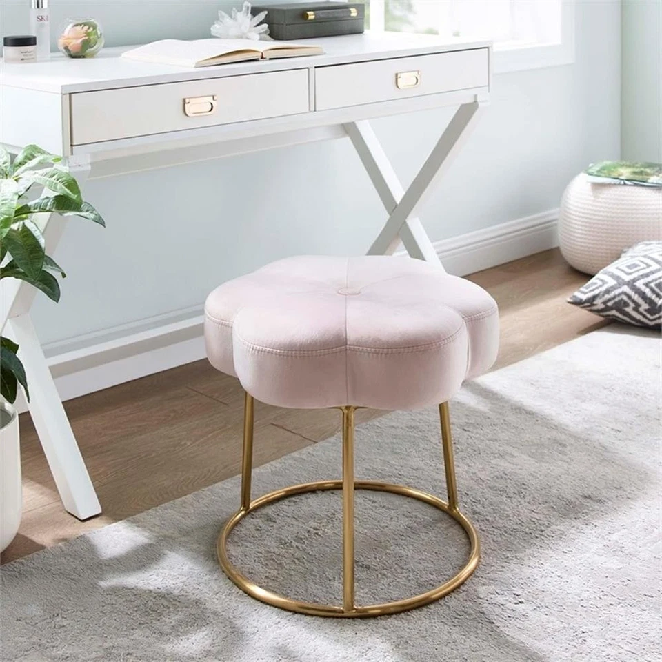 Linon Siena Gold Steel Base Upholstered Flower Shape Vanity Stool in Pink Velvet - Image 3 of 4