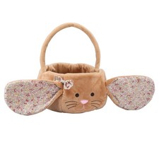 Kids Easter Basket, Plush Brown Bunny with Floppy Floral Ears