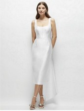 Alfred Sung White Satin Sheath Midi Dress Scoop Neck Bow Back Zip 2R D864