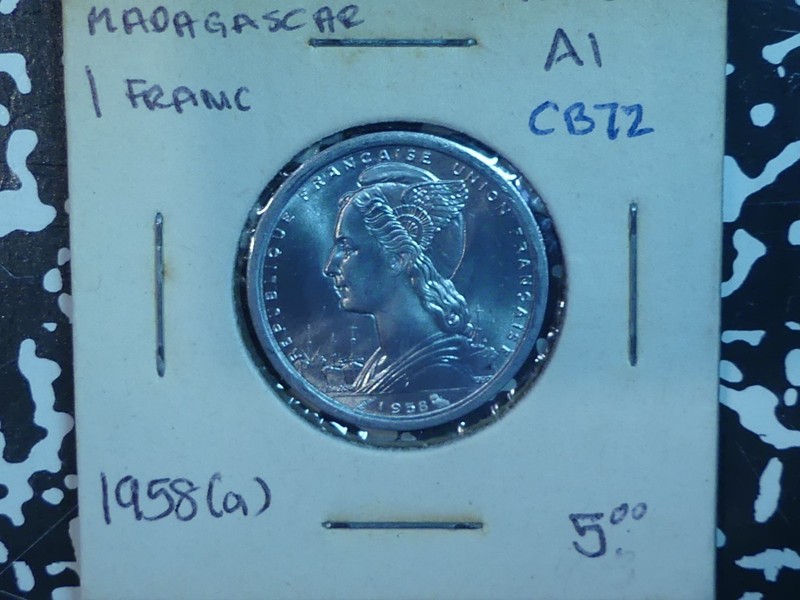 CB72: FRENCH Colony, MADAGASCAR, 1 Franc, 1958 (a)