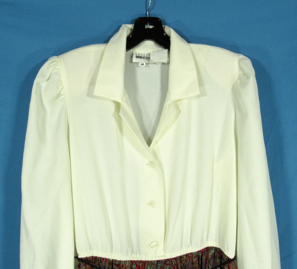 Винтажный LESLIE FAY PETITE слоновой кости/коричневый креп пейсли плиссированные юбки кнопка платье 14P - Изображение 2 из 4