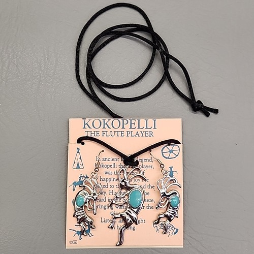 Southwestern Flute Player Necklace Earrings Set Kokopelli Blue Green Silver Tone - Picture 3 of 7