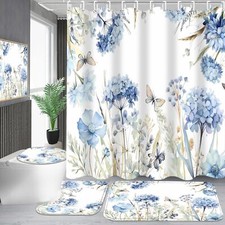 Blue Floral Shower Curtain Set Butterfly Flowers Bathroom Set 4 Piece
