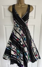 PHASE EIGHT BLACK STRIPE FLORAL FIT FLARE OCCASION DRESS UK 12 EVENING WEDDING