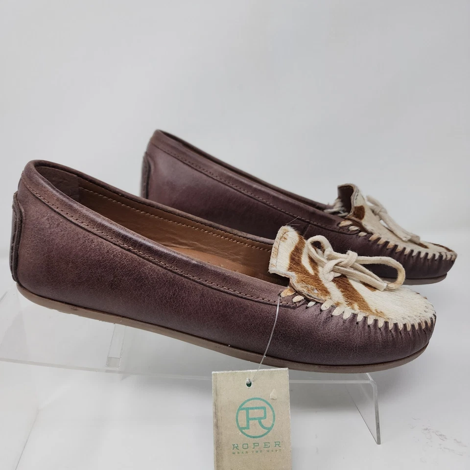 Mocassins Roper Feminino 5.5 Marrom Lilly Estampa de Vaca Sapatos de Couro de Vaqueira Ocidental - Imagem 2 de 4