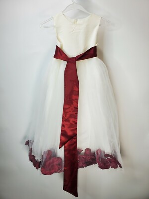 Girls White With Burgundy Flowers Belted Easter Wedding Flower Girl Dress Size 8