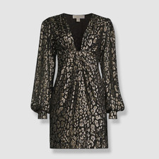 $396 Michael Kors Women Black Metallic Cheetah Plunging Neck Mini Dress Size 8