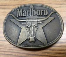 Vintage Marlboro Cigarettes Metal Belt Buckle, Steer, Philip Morris 1987, Brass