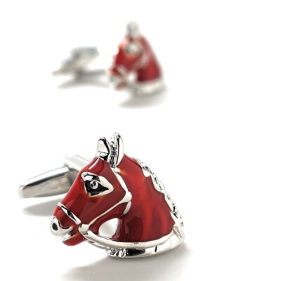 #ad Power Horse Cufflinks Silver Rhodium Platted Red Enamel Lucky Horses Cuff Links $14.88