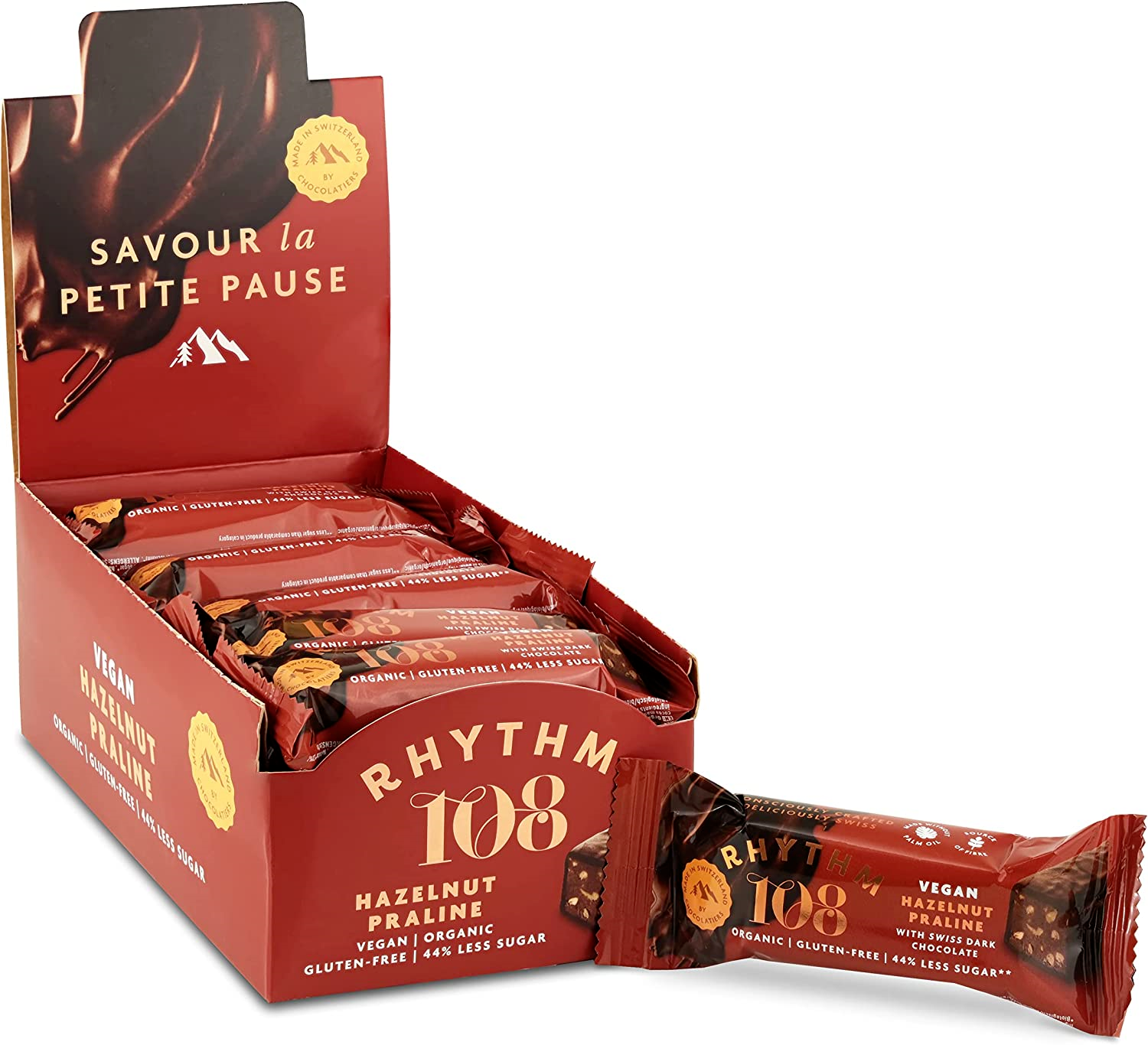 Rhythm 108 Swiss Vegan Hazelnut Praline Bar with Dark Chocolate 15 x 33g