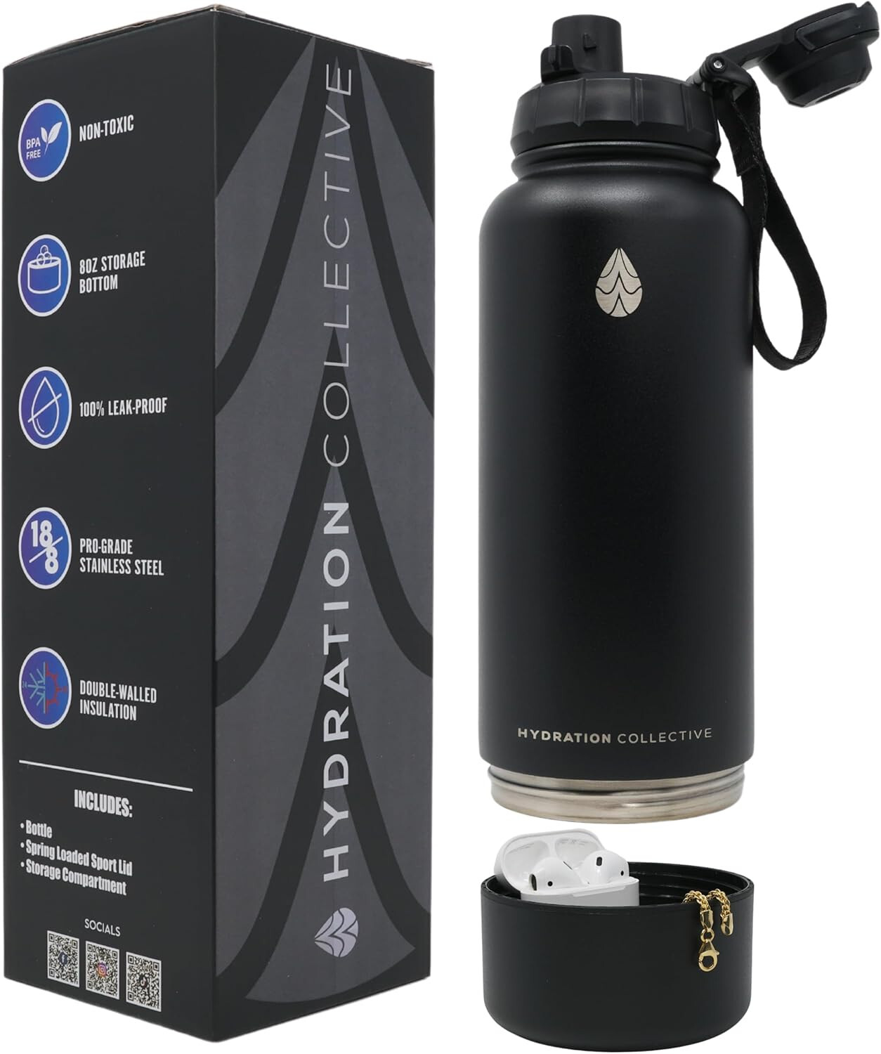 Botella de agua aislada con caja fuerte oculta - acero inoxidable 32 OZ sin BPA fácil de transportar