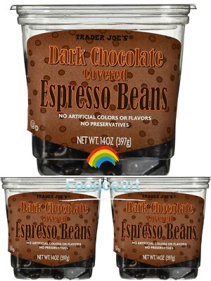 3 Packs Trader Joe's Dark Chocolate Covered Espresso Beans 14 oz Each Pack