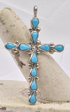 Estate Sterling Silver & Turquoise color Stone Ethnic style cross Pendant 2.12