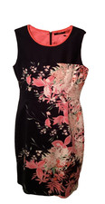Tahari Sleeveless Navy Cotton Sheath Dress Pink Floral Print With Stretch
