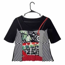 Abstract Art Print Boxy Top S Black White Striped Patchwork Retro Graphic Tee
