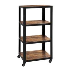 4-Tier Industrial Storage Shelf with Wheels, 35 Inch Metal Wood Bookcase, Brown