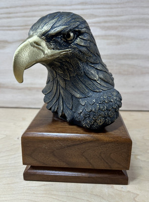 Sculptured Bald Eagle Head Brass Bronze Bust On A Decorative Wooden Block