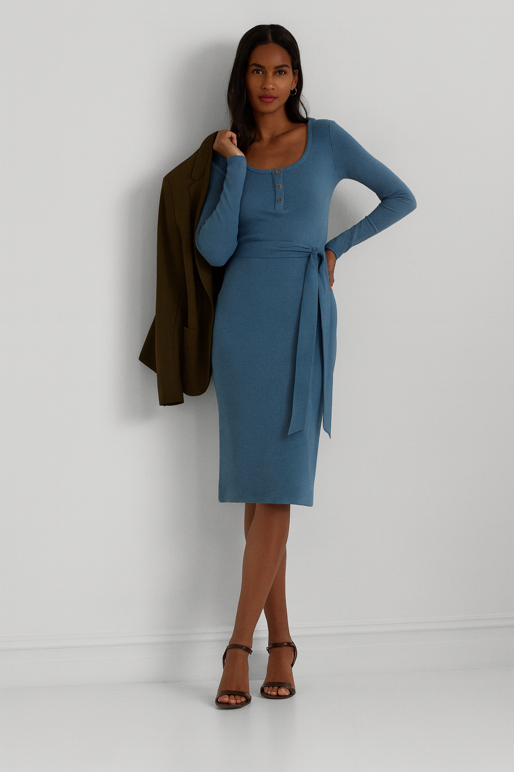 Lauren Ralph Lauren Womens Belted Rib-Knit Henley Blue Dusk Size L