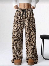 Women Leopard Print Wide Leg Lounge Pants Soft Fluffy Drawstring
