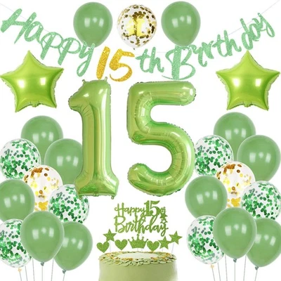 Vert Decoration anniversaire 15 garçon, Vert 15 ans fille anniversaire Decora... - Photo 1/4