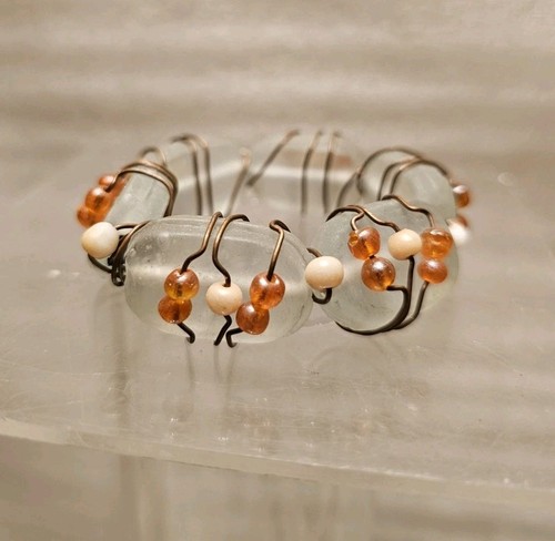Blue Green Art Glass Coastal Nautical Copper Wire Kay Dee Napkin Rings Set Of 5 - Picture 2 of 6