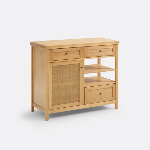 Solid Pine & Rattan Storage Cabinet with Drawers & Shelves - Picture 3 of 9