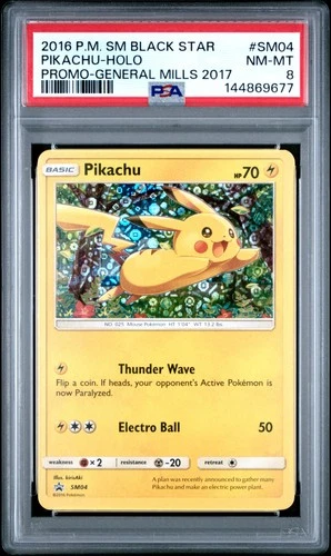 144869677 Pikachu 2016 Pokemon Sun Moon General Mills Promo #SM04 Holo PSA 8