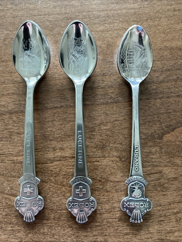 3 Vintage Rolex Bucherer Switzerland Lucerne Lugano Collector Souvenir Spoons