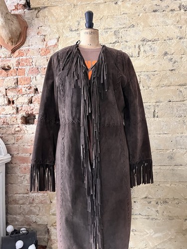 OASIS BROWN REAL SUEDE FRINGING COAT LONG JACKET VGC LACE DETAIL FABULOUS 16 🤩 - Picture 4 of 15