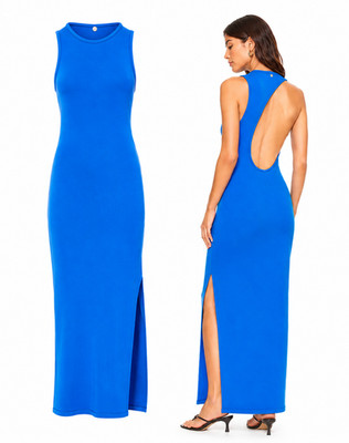 Simon Miller Dress Maxi Blue Lou Sleeveless Asymmetric Open Back Side Slit XS/S