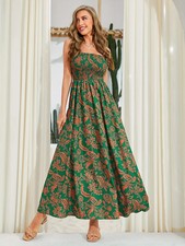 Floral Print Shirred Tube Dress Vacation Style Sleeveless A-Line Size S