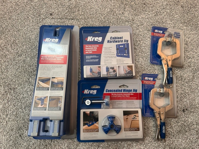 Kreg Cabinet and Drawer Kits - (Hinge, Drawer Slider, Cabinet) Jigs and 2 Clamps