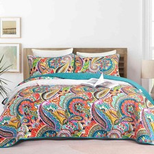 Nanko Quilt Set Queen Size, Bohemian Colorful Boho Floral Paisley Oversized S...