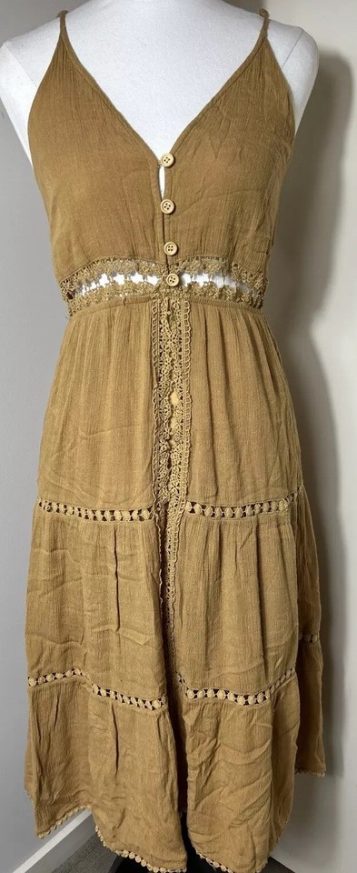 HERE COMES THE SUN Womens Sundress Sz 6 Crochet Details Midi Rayon Boho EUC