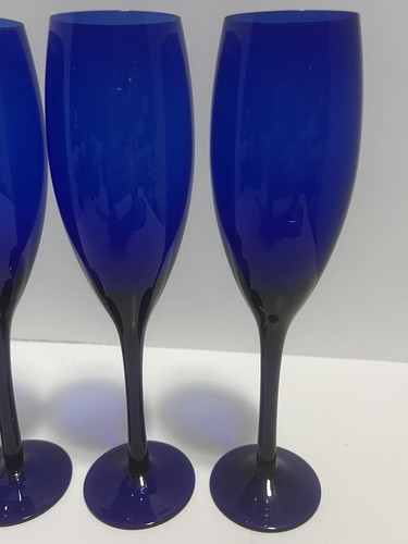 Vintage Set of 4 Libbey Cobalt Blue Glass 9” Long Stem Champagne/Wine Flutes - Picture 3 of 9