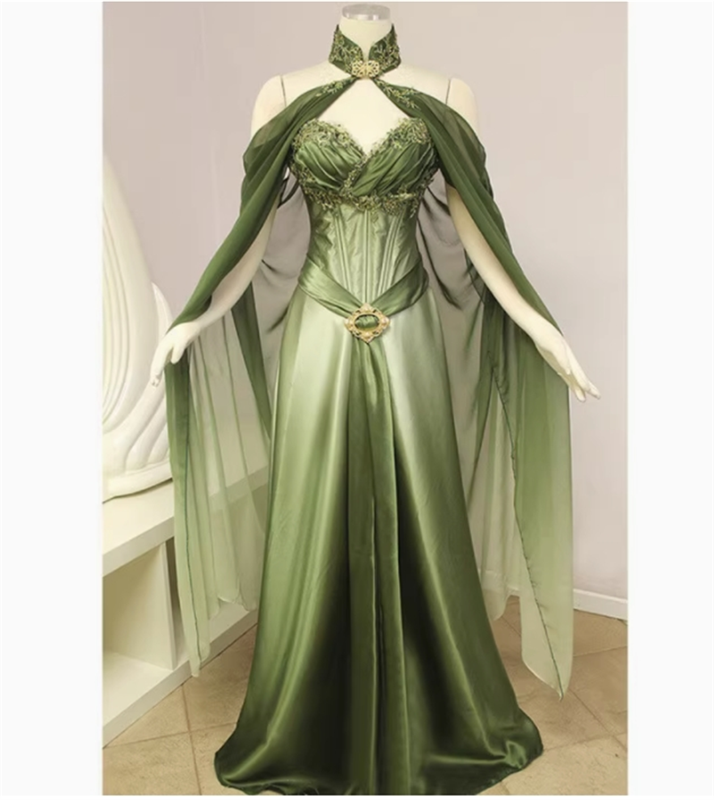 Medieval Renaissance Costume Elf Style Green Dress with Sleeves