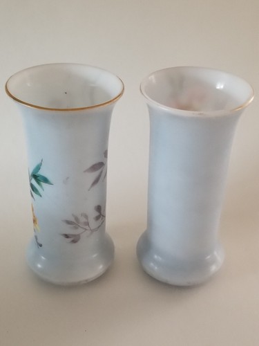 Pair Antique Bristol Aqua opaline glass vase hand painted flowers & Bird - Picture 4 of 12